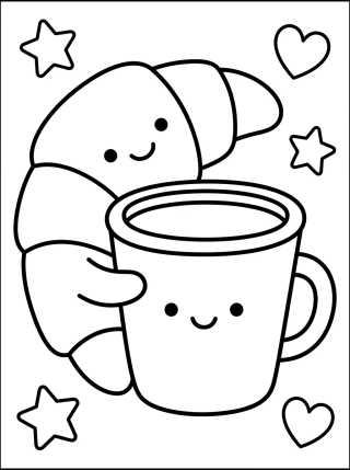 Desenho de Croissant Sonriente y Café para colorir e imprimir grátis