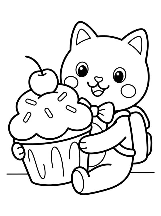 Desenho de Pandy Gato Comiendo un Cupcake Dulce para colorir e imprimir grátis