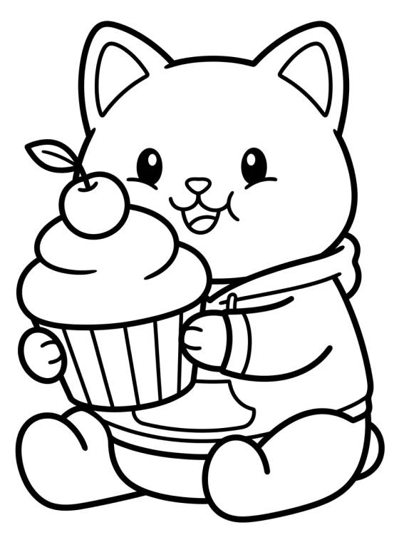 Desenho de Pandy Gato Comiendo Cupcake para colorir e imprimir grátis