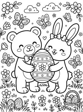 Desenho de Osito y Conejo Amigos de Pascua para colorir e imprimir grátis