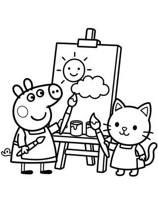 Desenho de Peppa y Candy Cat Pintando Arte para colorir e imprimir grátis