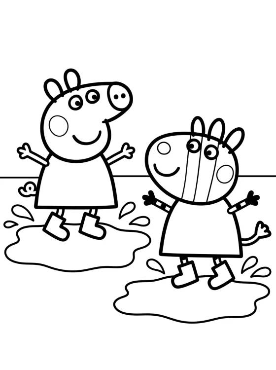 Desenho de Peppa y Zoe Zebra en los Charcos de Lodo para colorir e imprimir grátis