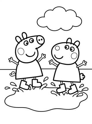 Desenho de Peppa Pig y Suzy Oveja en el Charco de Barro para colorir e imprimir grátis