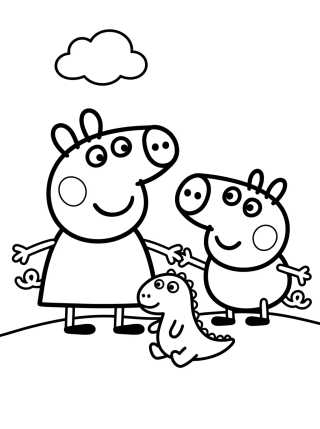 Desenho de Peppa y George Jugando con el Dinosaurio para colorir e imprimir grátis
