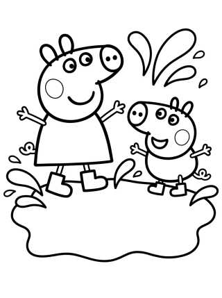 Desenho de Peppa y George en el Charco de Barro para colorir e imprimir grátis