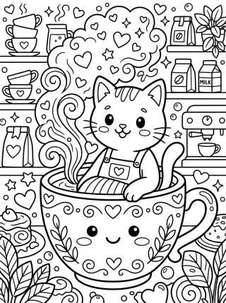 Desenho de Gatito Barista con Taza de Té para colorir e imprimir grátis