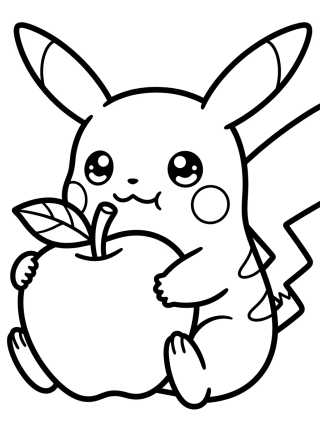Desenho de Pikachu Comiendo Manzana Kawaii para colorir e imprimir grátis