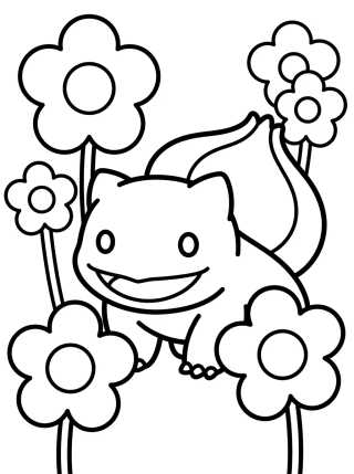 Desenho de Bulbasaur Tierno entre Flores para colorir e imprimir grátis