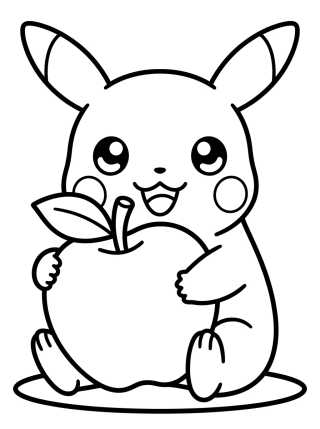 Desenho de Pikachu Tierno Comiendo Manzana para colorir e imprimir grátis