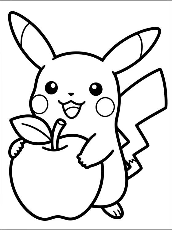 Desenho de Pikachu Tierno Sonriendo con Manzana para colorir e imprimir grátis