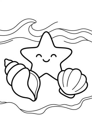 Desenho de Conchas y Estrella de Mar en la Arena para colorir e imprimir grátis