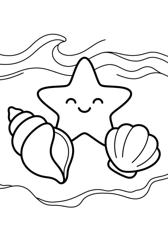 Desenho de Conchas y Estrella de Mar en la Arena para colorir e imprimir grátis