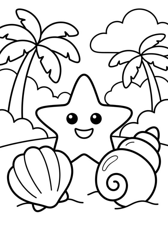 Desenho de Conchas y Estrella de Mar en la Arena para colorir e imprimir grátis