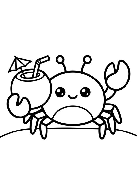 Desenho de Cangrejo Kawaii Tomando Agua de Coco para colorir e imprimir grátis