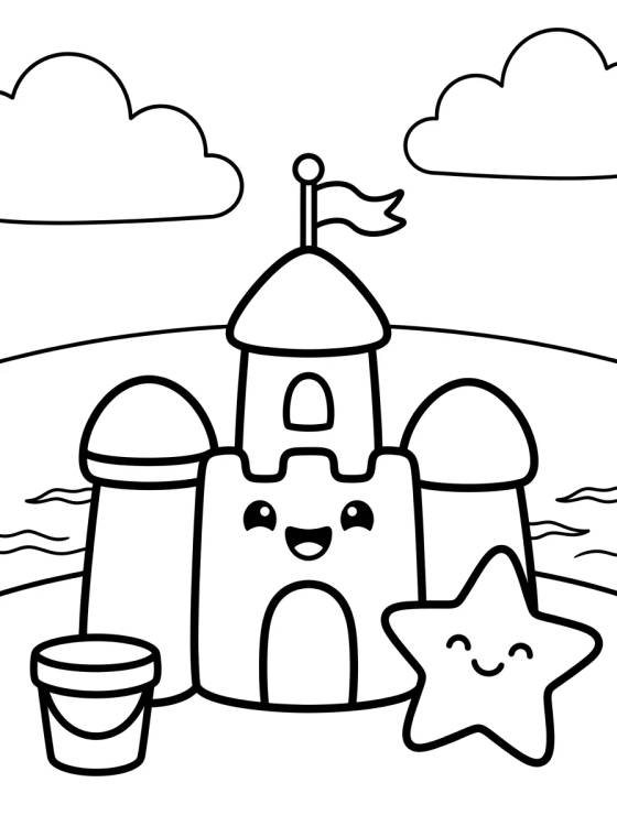 Desenho de Castillo de Arena Kawaii en la Playa para colorir e imprimir grátis