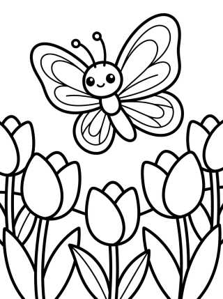 Desenho de Mariposa Kawaii en el Jardín de Tulipanes para colorir e imprimir grátis