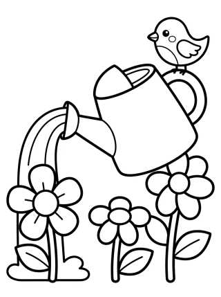 Desenho de Regadera de Flores y Pajarito para colorir e imprimir grátis