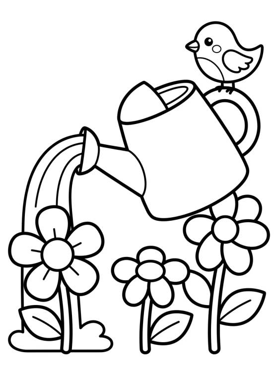 Desenho de Regadera de Flores y Pajarito para colorir e imprimir grátis