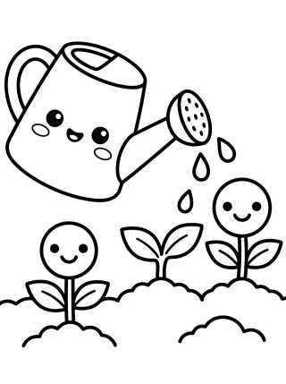 Desenho de Regadera Tierna y Brotes Sonrientes para colorir e imprimir grátis
