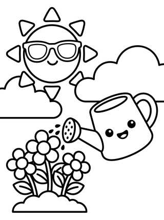 Desenho de Solcito Tierno y Regadera de Jardín para colorir e imprimir grátis