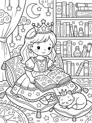 Desenho de Princesa Leyendo un Libro Mágico para colorir e imprimir grátis