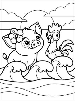 Desenho de Pua y Hei Hei Jugando en las Olas para colorir e imprimir grátis