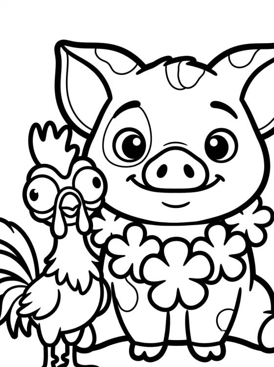Desenho de Pua y Hei Hei con Collar de Flores para colorir e imprimir grátis