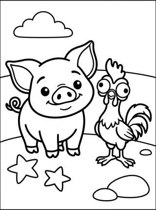 Desenho de Pua y Hei Hei Juntos en la Playa para colorir e imprimir grátis