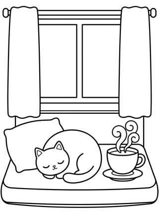 Desenho de Rincón de Lectura en la Ventana para colorir e imprimir grátis