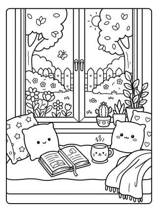 Desenho de Rincón de Café y Lectura en la Ventana para colorir e imprimir grátis