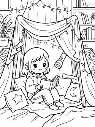Desenho de Niña Leyendo en su Casita de Sábanas para colorir e imprimir grátis