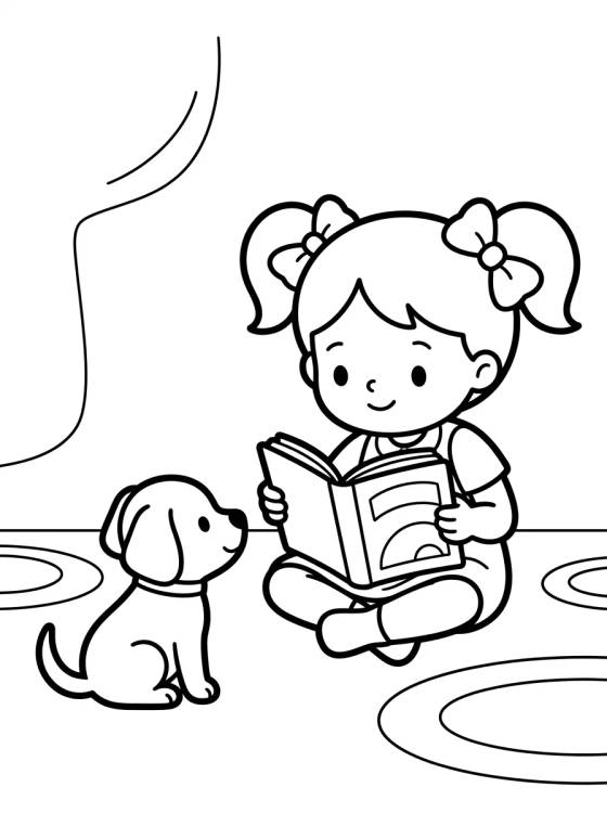 Desenho de Niña Leyendo a su Perrito para colorir e imprimir grátis