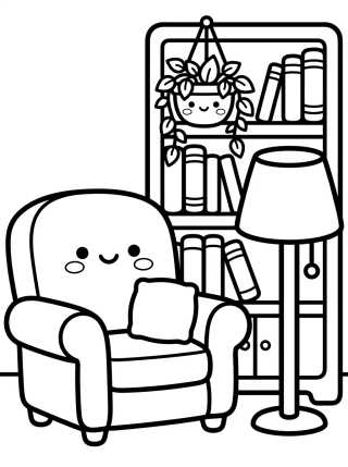 Desenho de Sillón y Estantería de Libros Acogedora para colorir e imprimir grátis