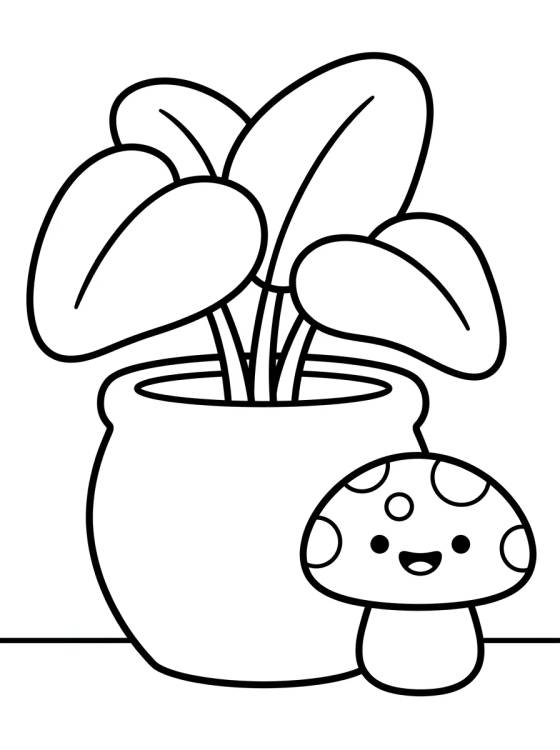 Desenho de Maceta con Hongo y Hojas Lindas para colorir e imprimir grátis